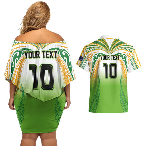 Custom Cook Islands Rugby League Couples Matching Off Shoulder Short Dress and Hawaiian Shirt Avaiki Tatau Tribal Motifs White Color - Aussie Hoodie