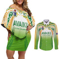 Custom Cook Islands Rugby League Couples Matching Off Shoulder Short Dress and Long Sleeve Button Shirt Avaiki Tatau Tribal Motifs White Color - Aussie Hoodie