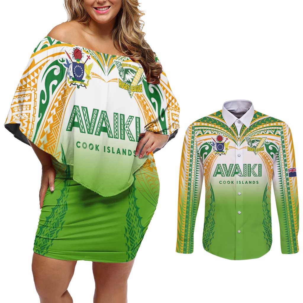 Custom Cook Islands Rugby League Couples Matching Off Shoulder Short Dress and Long Sleeve Button Shirt Avaiki Tatau Tribal Motifs White Color - Aussie Hoodie