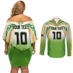 Custom Cook Islands Rugby League Couples Matching Off Shoulder Short Dress and Long Sleeve Button Shirt Avaiki Tatau Tribal Motifs White Color - Aussie Hoodie
