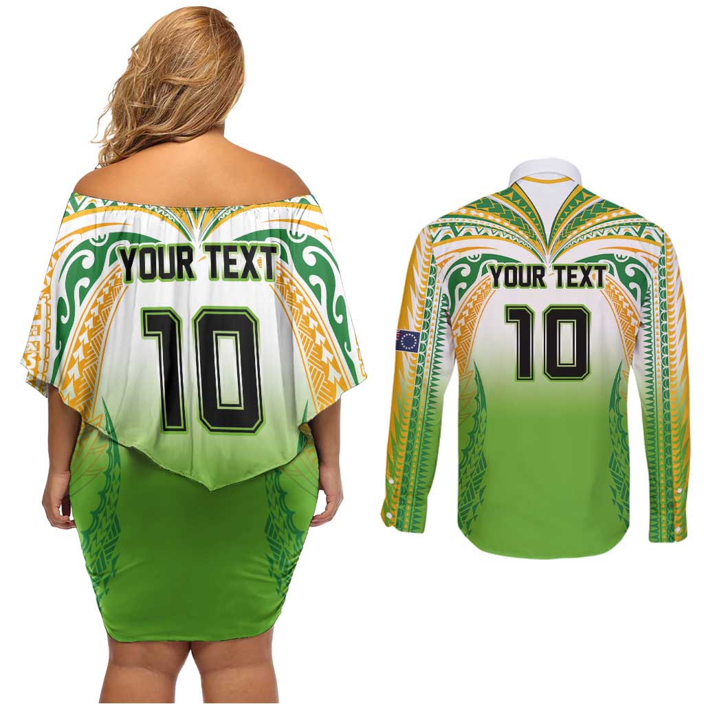 Custom Cook Islands Rugby League Couples Matching Off Shoulder Short Dress and Long Sleeve Button Shirt Avaiki Tatau Tribal Motifs White Color - Aussie Hoodie