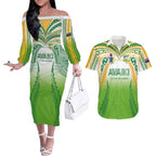 Custom Cook Islands Rugby League Couples Matching Off The Shoulder Long Sleeve Dress and Hawaiian Shirt Avaiki Tatau Tribal Motifs White Color - Aussie Hoodie
