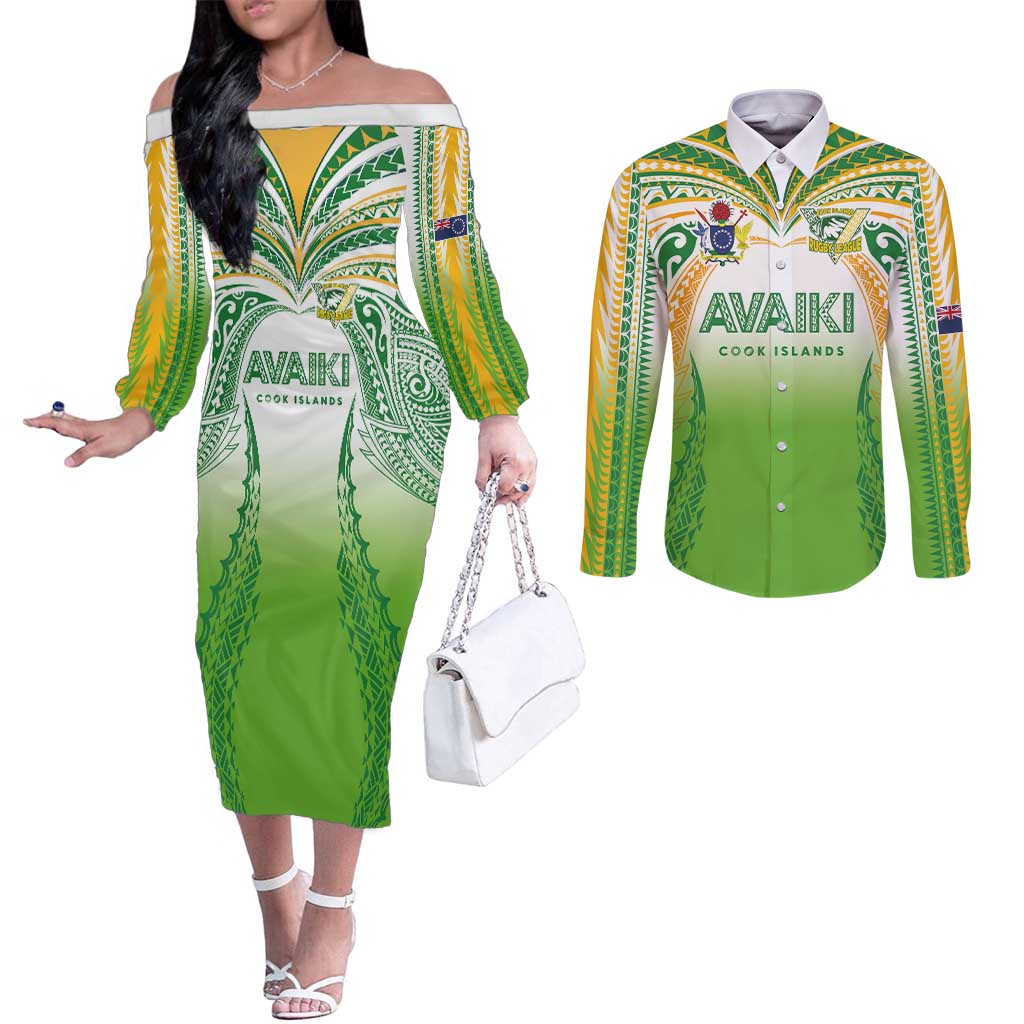 Custom Cook Islands Rugby League Couples Matching Off The Shoulder Long Sleeve Dress and Long Sleeve Button Shirt Avaiki Tatau Tribal Motifs White Color - Aussie Hoodie