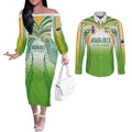 Custom Cook Islands Rugby League Couples Matching Off The Shoulder Long Sleeve Dress and Long Sleeve Button Shirt Avaiki Tatau Tribal Motifs White Color - Aussie Hoodie