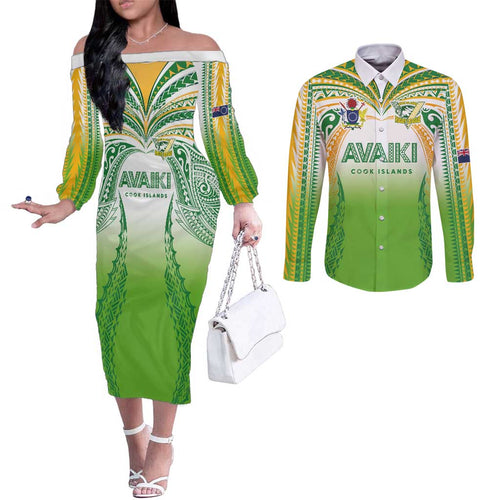 Custom Cook Islands Rugby League Couples Matching Off The Shoulder Long Sleeve Dress and Long Sleeve Button Shirt Avaiki Tatau Tribal Motifs White Color - Aussie Hoodie