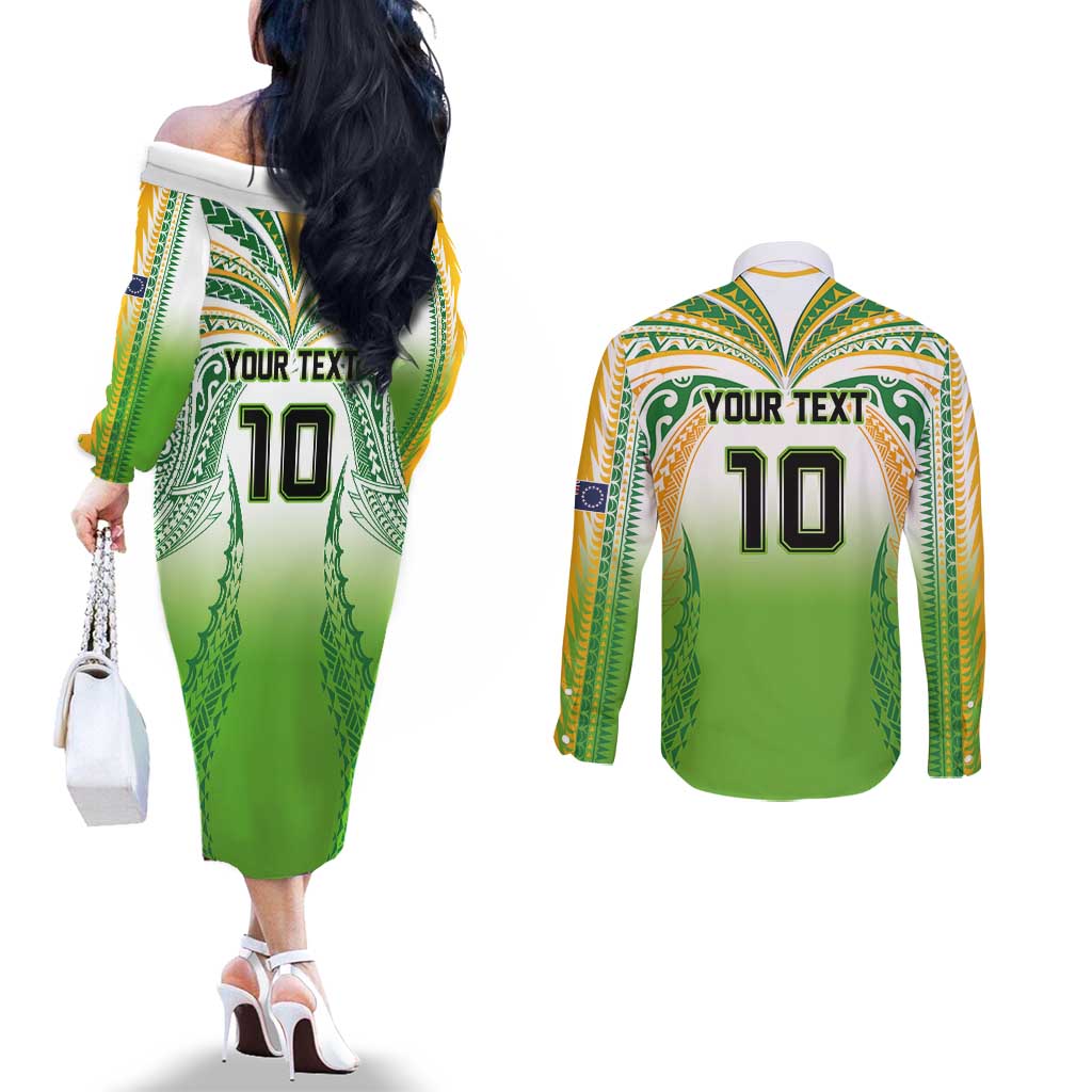 Custom Cook Islands Rugby League Couples Matching Off The Shoulder Long Sleeve Dress and Long Sleeve Button Shirt Avaiki Tatau Tribal Motifs White Color - Aussie Hoodie