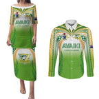Custom Cook Islands Rugby League Couples Matching Puletasi and Long Sleeve Button Shirt Avaiki Tatau Tribal Motifs White Color - Aussie Hoodie
