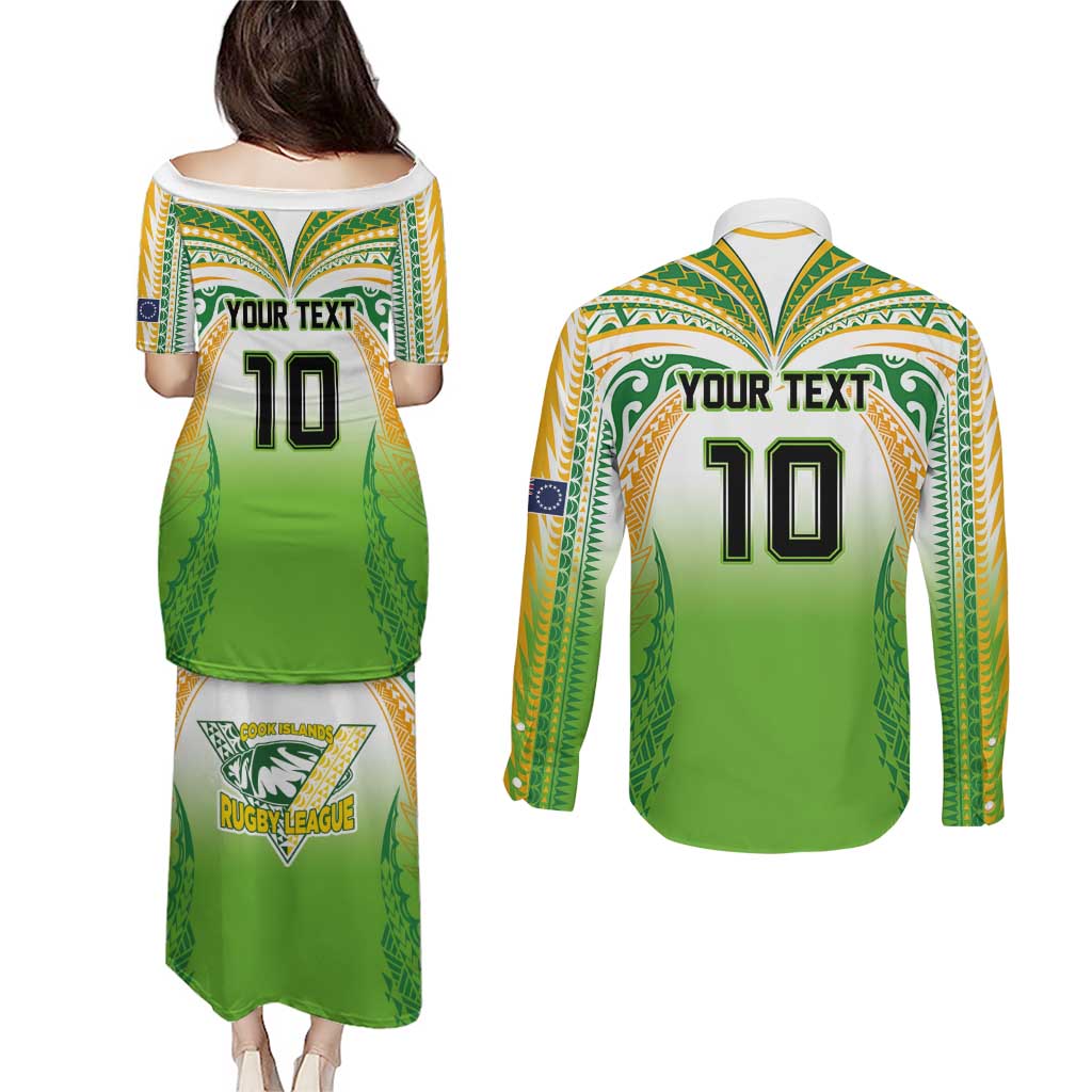 Custom Cook Islands Rugby League Couples Matching Puletasi and Long Sleeve Button Shirt Avaiki Tatau Tribal Motifs White Color - Aussie Hoodie