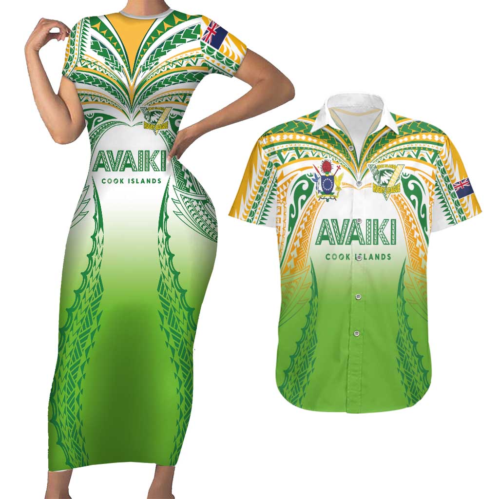 Custom Cook Islands Rugby League Couples Matching Short Sleeve Bodycon Dress and Hawaiian Shirt Avaiki Tatau Tribal Motifs White Color - Aussie Hoodie