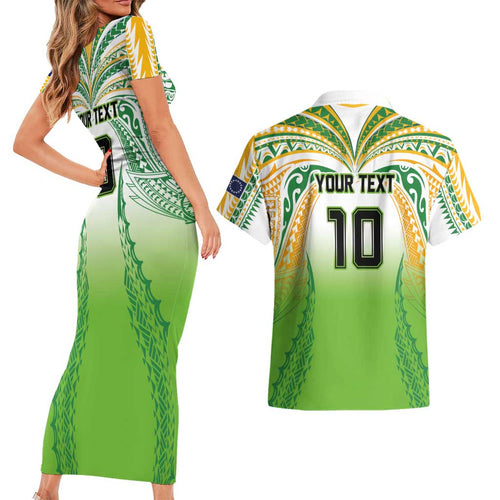 Custom Cook Islands Rugby League Couples Matching Short Sleeve Bodycon Dress and Hawaiian Shirt Avaiki Tatau Tribal Motifs White Color - Aussie Hoodie
