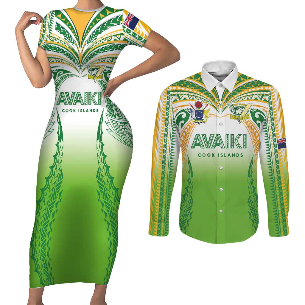 Custom Cook Islands Rugby League Couples Matching Short Sleeve Bodycon Dress and Long Sleeve Button Shirt Avaiki Tatau Tribal Motifs White Color - Aussie Hoodie