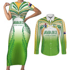 Custom Cook Islands Rugby League Couples Matching Short Sleeve Bodycon Dress and Long Sleeve Button Shirt Avaiki Tatau Tribal Motifs White Color - Aussie Hoodie