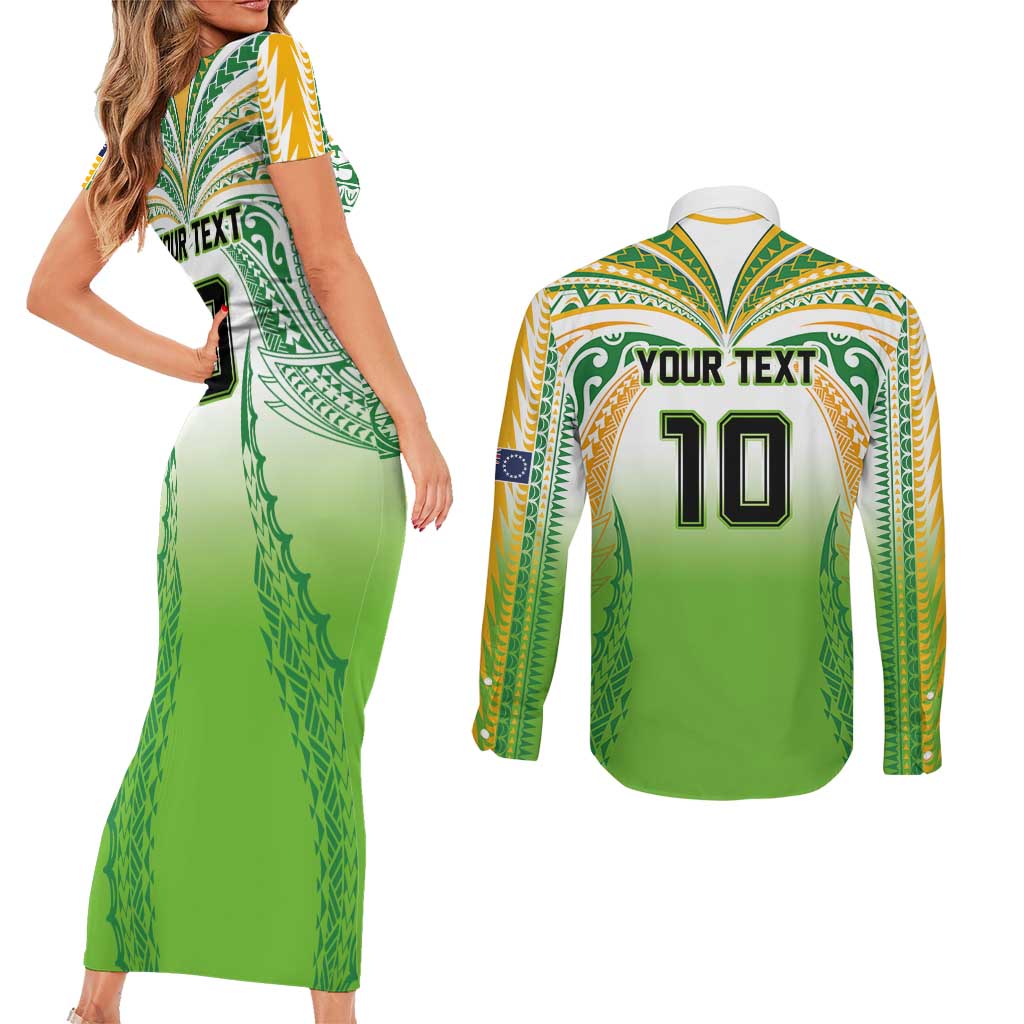 Custom Cook Islands Rugby League Couples Matching Short Sleeve Bodycon Dress and Long Sleeve Button Shirt Avaiki Tatau Tribal Motifs White Color - Aussie Hoodie