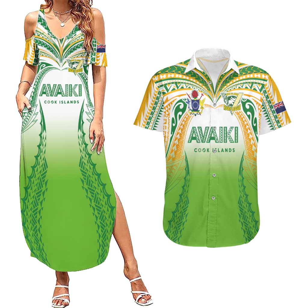 Custom Cook Islands Rugby League Couples Matching Summer Maxi Dress and Hawaiian Shirt Avaiki Tatau Tribal Motifs White Color - Aussie Hoodie