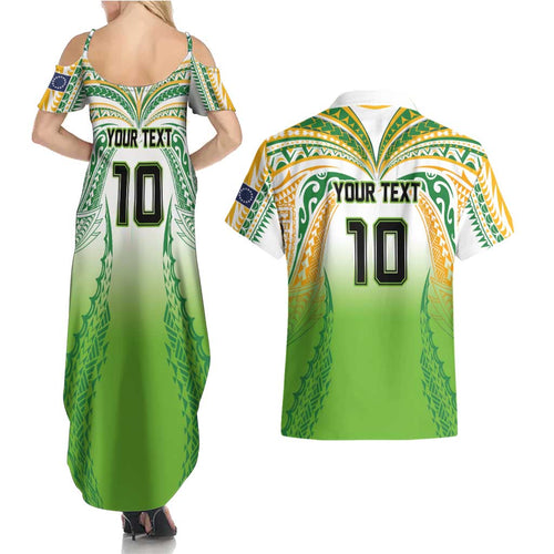 Custom Cook Islands Rugby League Couples Matching Summer Maxi Dress and Hawaiian Shirt Avaiki Tatau Tribal Motifs White Color - Aussie Hoodie