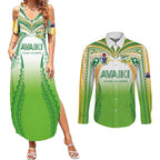 Custom Cook Islands Rugby League Couples Matching Summer Maxi Dress and Long Sleeve Button Shirt Avaiki Tatau Tribal Motifs White Color - Aussie Hoodie