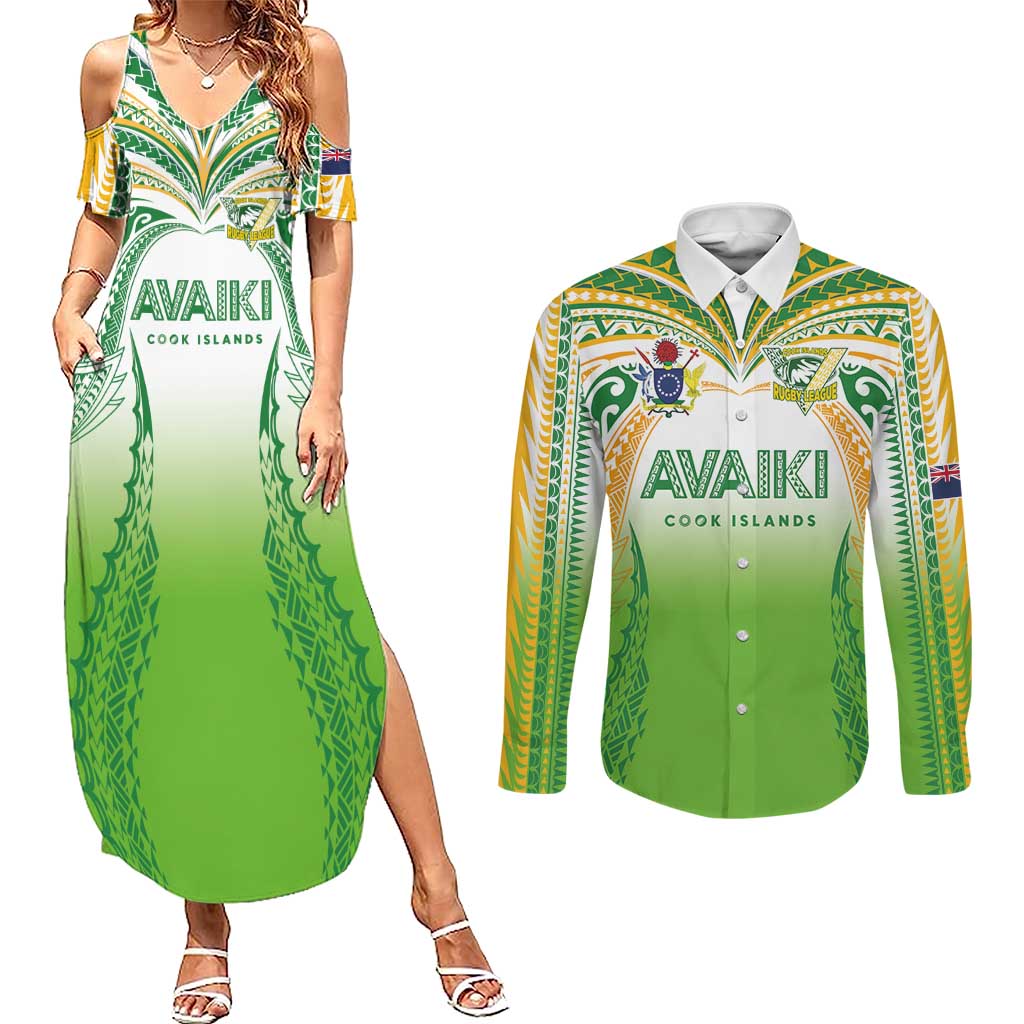 Custom Cook Islands Rugby League Couples Matching Summer Maxi Dress and Long Sleeve Button Shirt Avaiki Tatau Tribal Motifs White Color - Aussie Hoodie