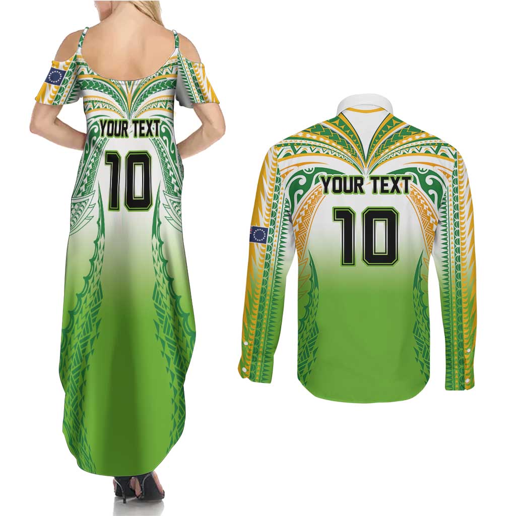 Custom Cook Islands Rugby League Couples Matching Summer Maxi Dress and Long Sleeve Button Shirt Avaiki Tatau Tribal Motifs White Color - Aussie Hoodie