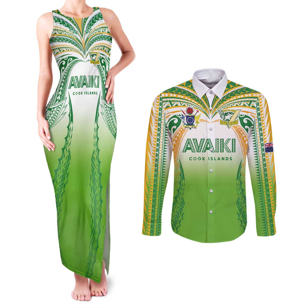 Custom Cook Islands Rugby League Couples Matching Tank Maxi Dress and Long Sleeve Button Shirt Avaiki Tatau Tribal Motifs White Color - Aussie Hoodie