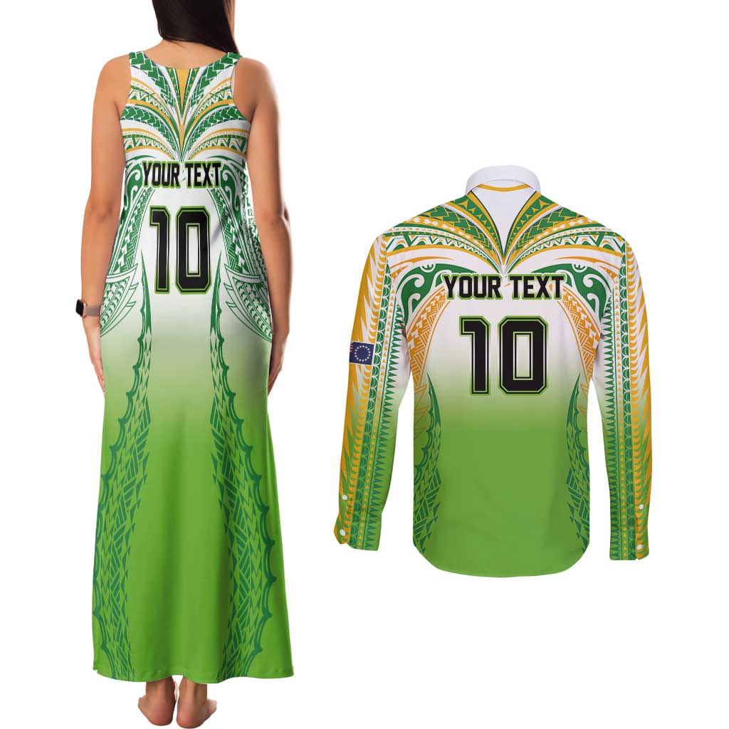 Custom Cook Islands Rugby League Couples Matching Tank Maxi Dress and Long Sleeve Button Shirt Avaiki Tatau Tribal Motifs White Color - Aussie Hoodie