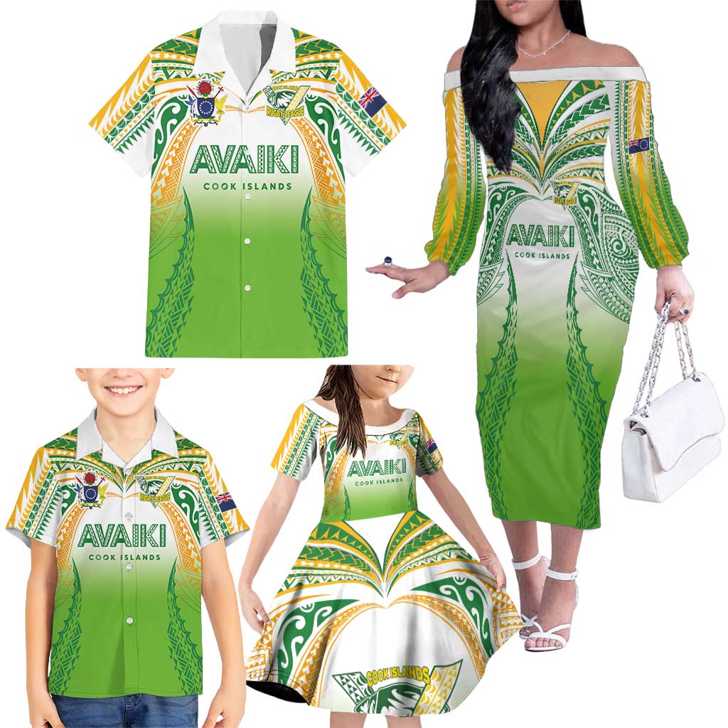 Custom Cook Islands Rugby League Family Matching Off The Shoulder Long Sleeve Dress and Hawaiian Shirt Avaiki Tatau Tribal Motifs White Color - Aussie Hoodie