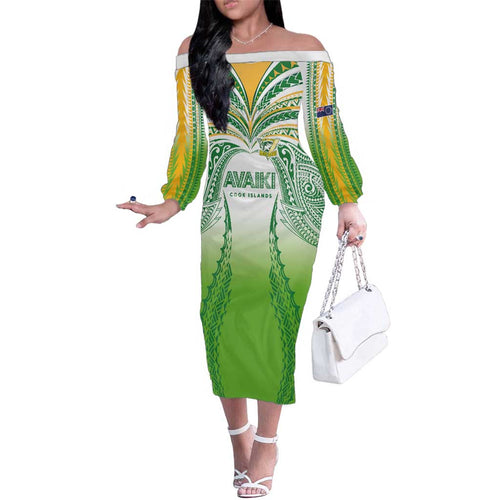 Custom Cook Islands Rugby League Family Matching Off The Shoulder Long Sleeve Dress and Hawaiian Shirt Avaiki Tatau Tribal Motifs White Color - Aussie Hoodie