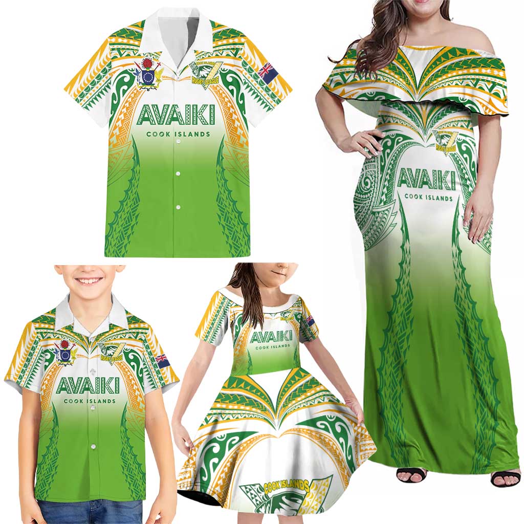 Custom Cook Islands Rugby League Family Matching Off Shoulder Maxi Dress and Hawaiian Shirt Avaiki Tatau Tribal Motifs White Color - Aussie Hoodie