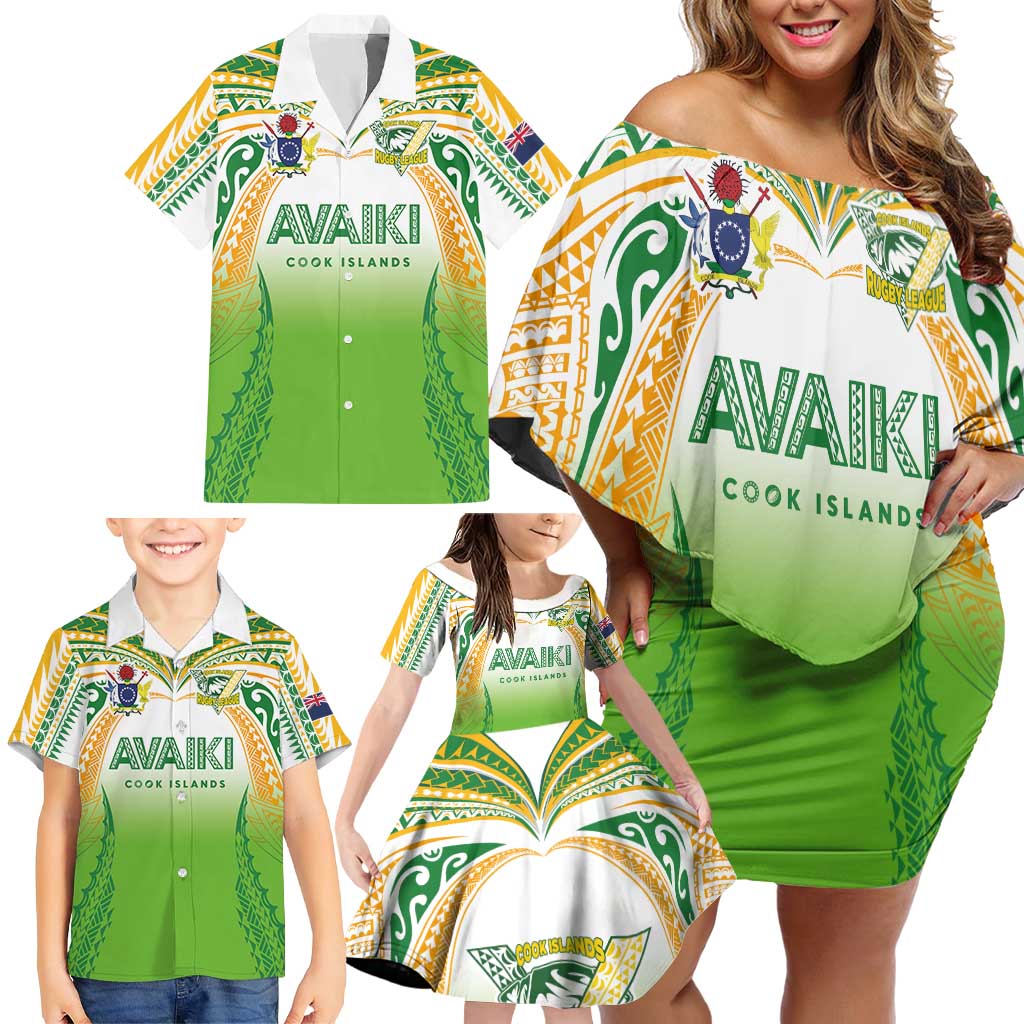 Custom Cook Islands Rugby League Family Matching Off Shoulder Short Dress and Hawaiian Shirt Avaiki Tatau Tribal Motifs White Color - Aussie Hoodie