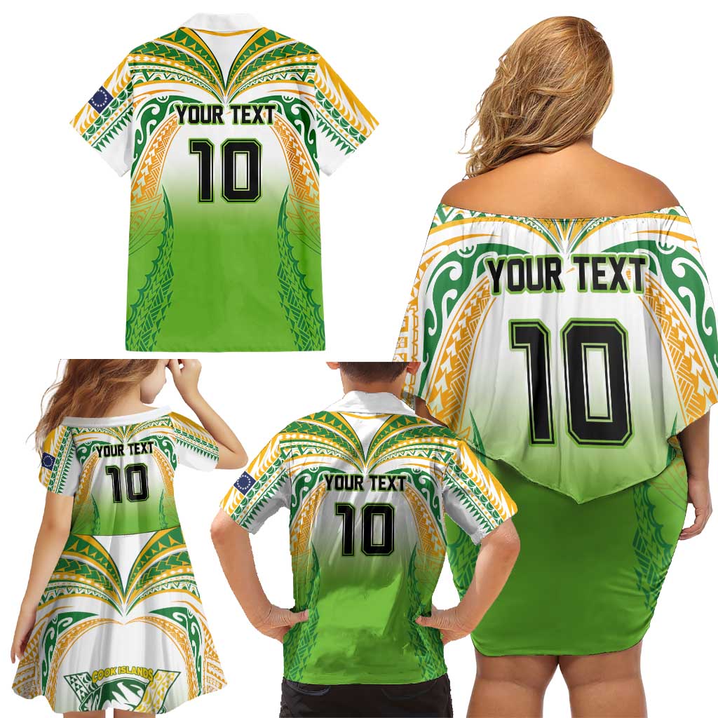 Custom Cook Islands Rugby League Family Matching Off Shoulder Short Dress and Hawaiian Shirt Avaiki Tatau Tribal Motifs White Color - Aussie Hoodie