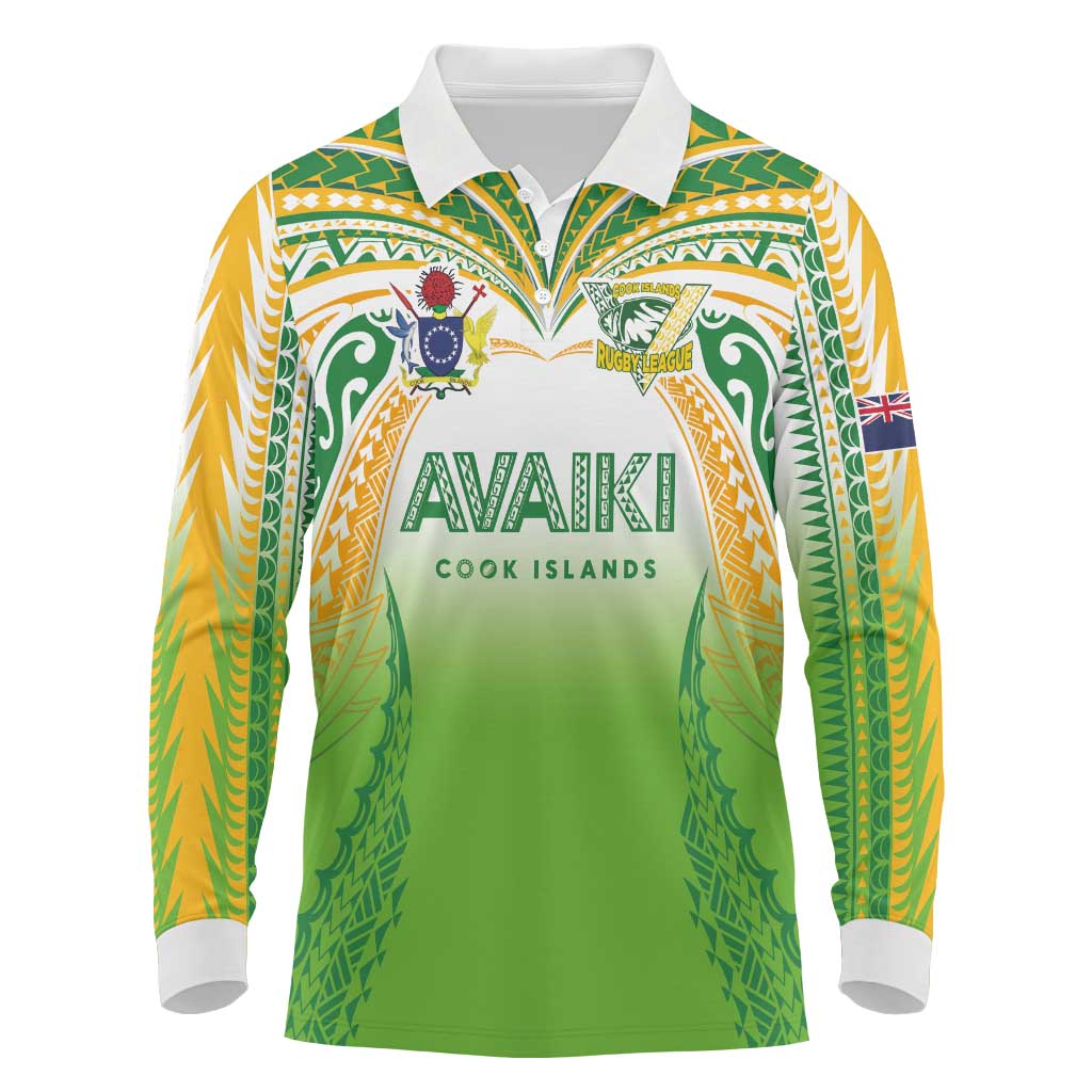Custom Cook Islands Rugby League Long Sleeve Polo Shirt Avaiki Tatau Tribal Motifs White Color - Aussie Hoodie