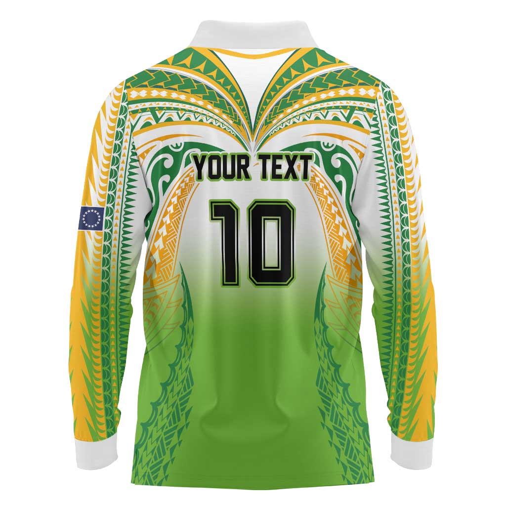 Custom Cook Islands Rugby League Long Sleeve Polo Shirt Avaiki Tatau Tribal Motifs White Color - Aussie Hoodie