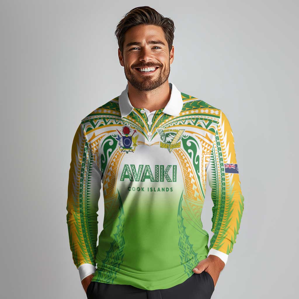 Custom Cook Islands Rugby League Long Sleeve Polo Shirt Avaiki Tatau Tribal Motifs White Color - Aussie Hoodie
