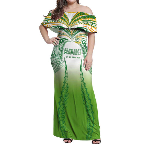 Custom Cook Islands Rugby League Off Shoulder Maxi Dress Avaiki Tatau Tribal Motifs White Color - Aussie Hoodie