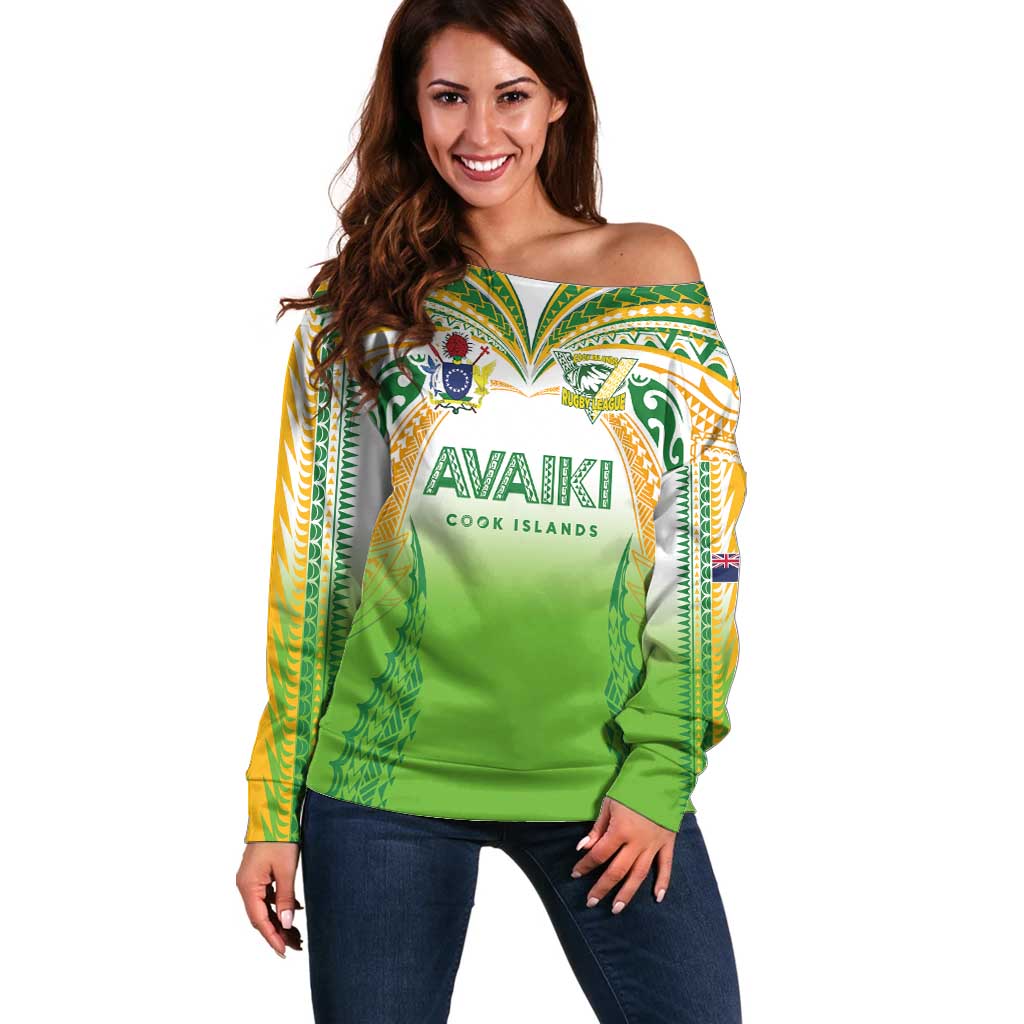Custom Cook Islands Rugby League Off Shoulder Sweater Avaiki Tatau Tribal Motifs White Color - Aussie Hoodie