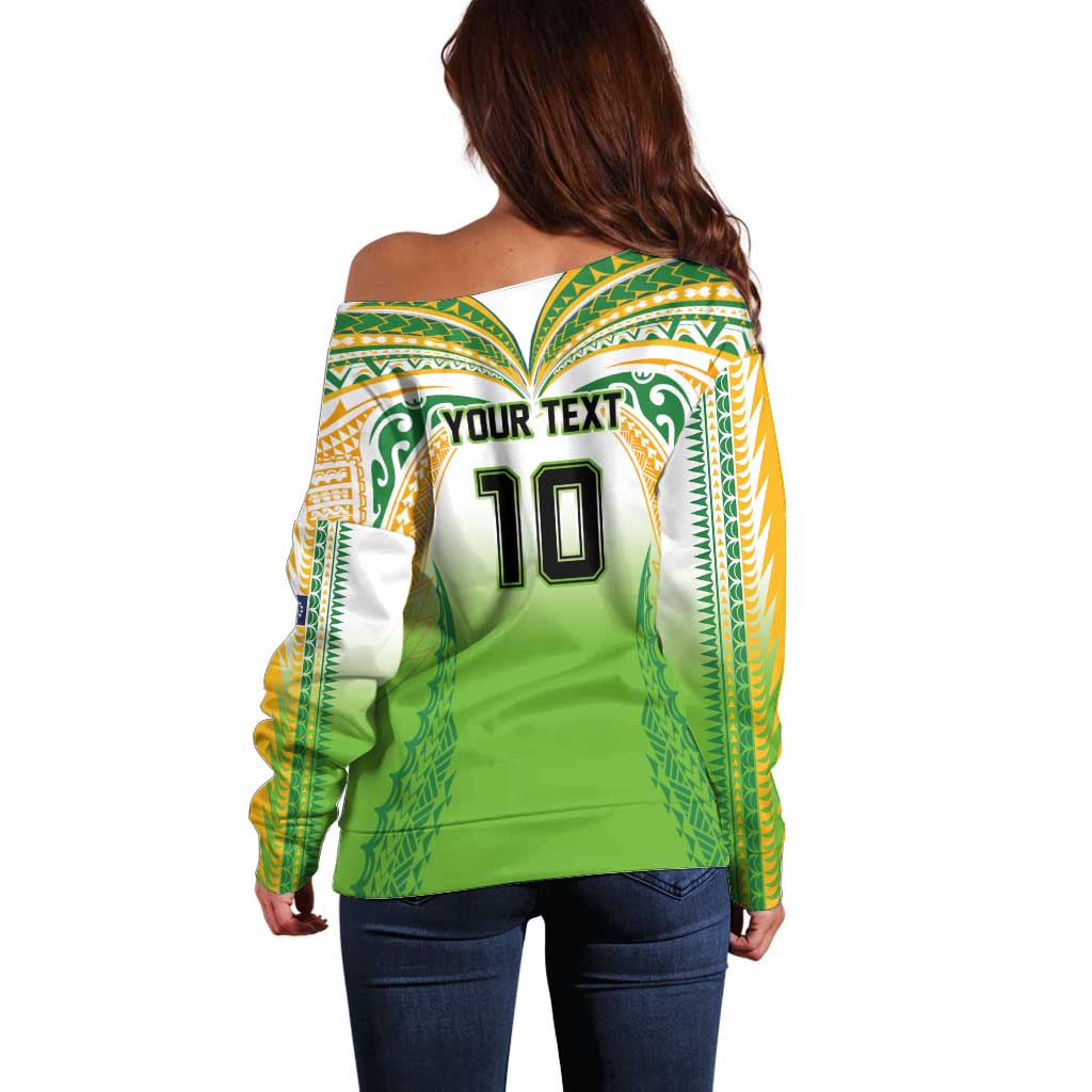 Custom Cook Islands Rugby League Off Shoulder Sweater Avaiki Tatau Tribal Motifs White Color - Aussie Hoodie