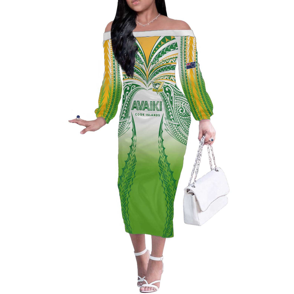 Custom Cook Islands Rugby League Off The Shoulder Long Sleeve Dress Avaiki Tatau Tribal Motifs White Color - Aussie Hoodie