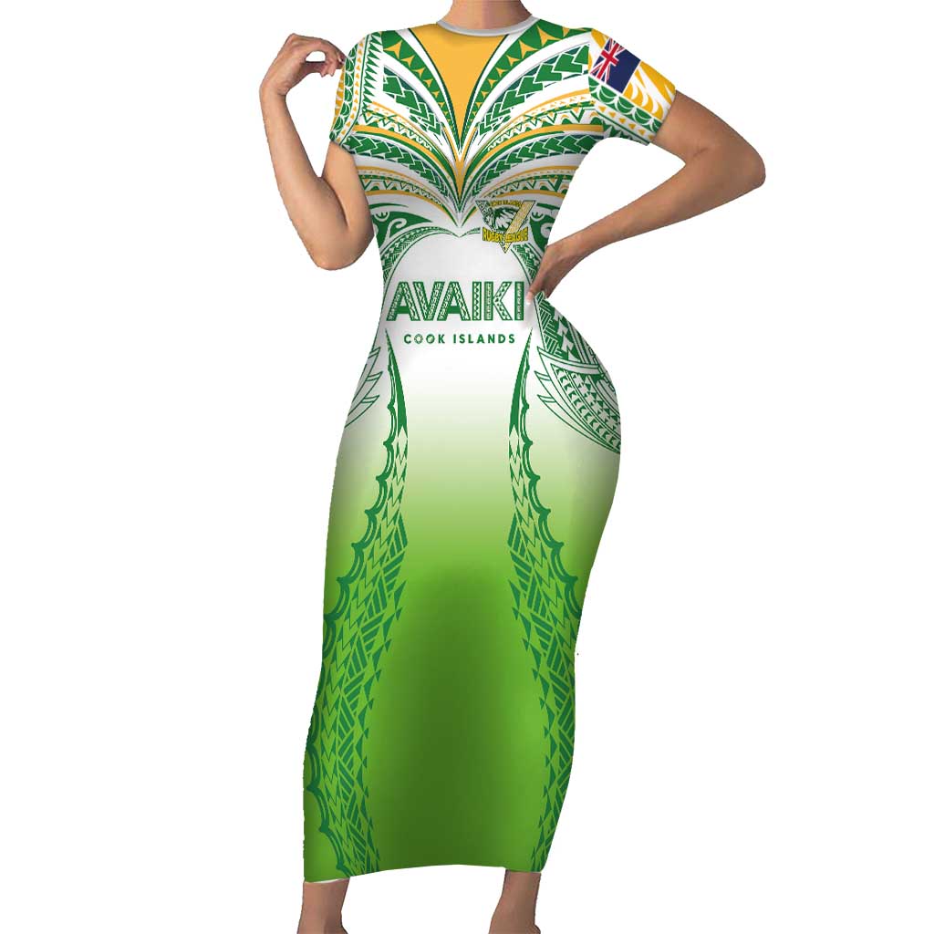 Custom Cook Islands Rugby League Short Sleeve Bodycon Dress Avaiki Tatau Tribal Motifs White Color - Aussie Hoodie