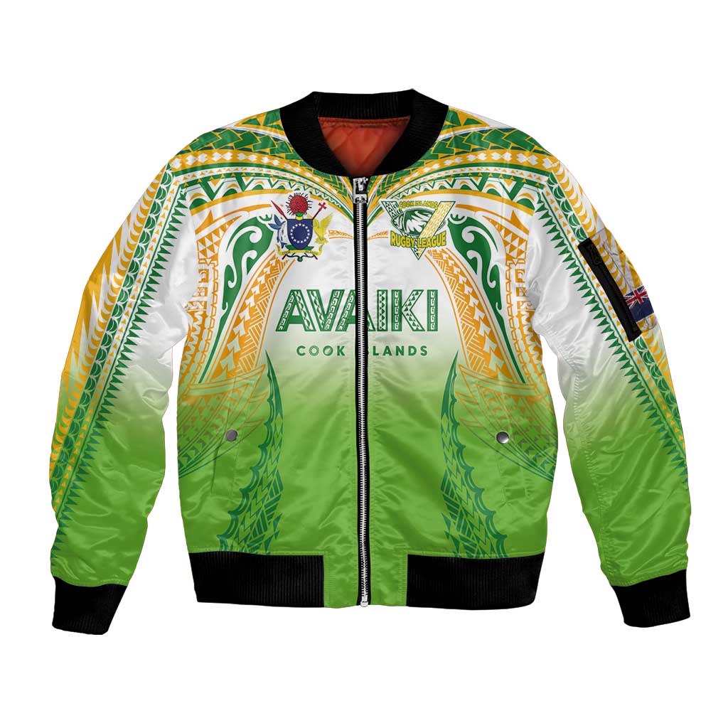 Custom Cook Islands Rugby League Sleeve Zip Bomber Jacket Avaiki Tatau Tribal Motifs White Color - Aussie Hoodie