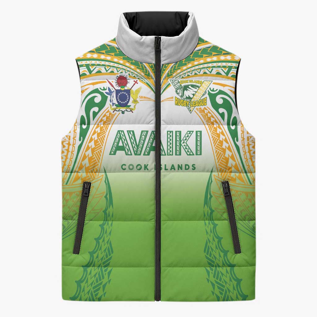 Custom Cook Islands Rugby League Sleeveless Puffer Jacket Avaiki Tatau Tribal Motifs White Color - Aussie Hoodie