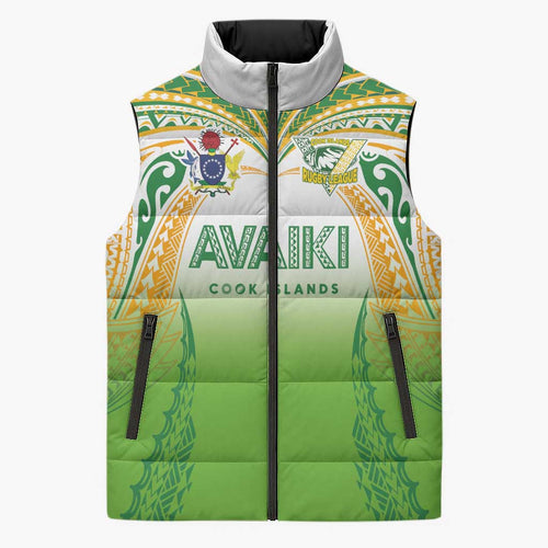 Custom Cook Islands Rugby League Sleeveless Puffer Jacket Avaiki Tatau Tribal Motifs White Color - Aussie Hoodie