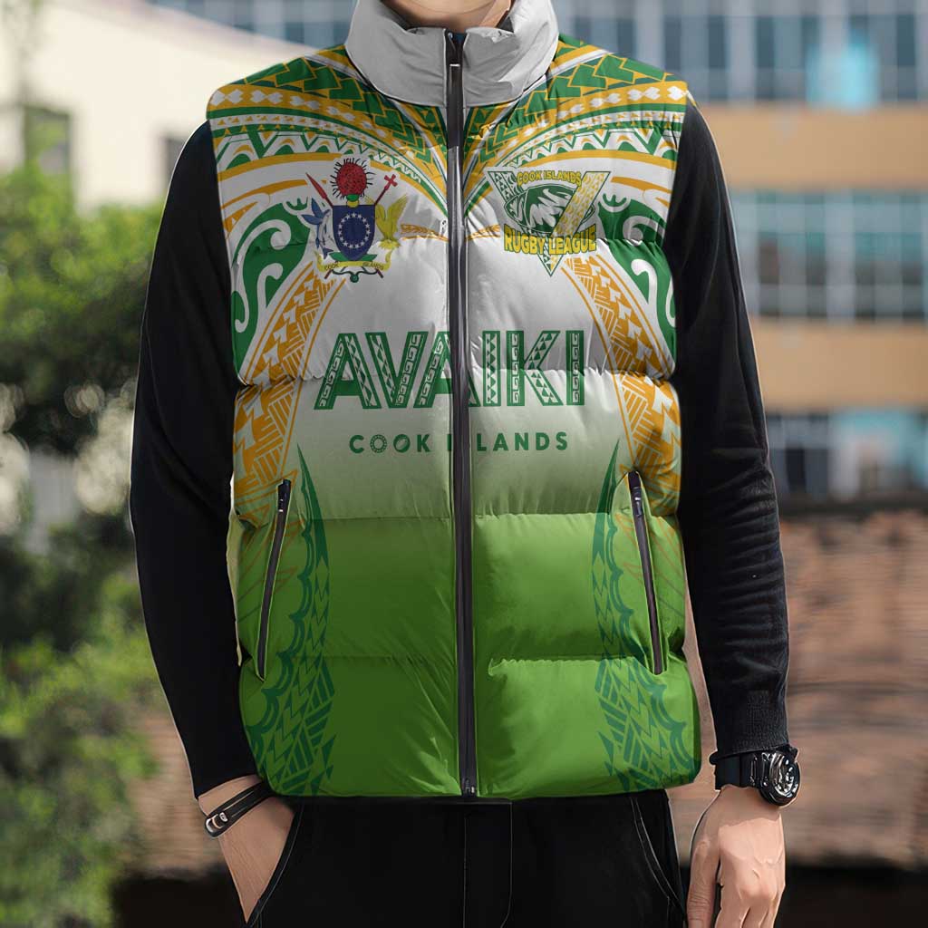 Custom Cook Islands Rugby League Sleeveless Puffer Jacket Avaiki Tatau Tribal Motifs White Color - Aussie Hoodie