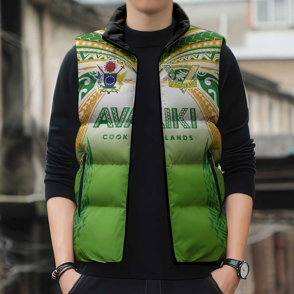 Custom Cook Islands Rugby League Sleeveless Puffer Jacket Avaiki Tatau Tribal Motifs White Color - Aussie Hoodie