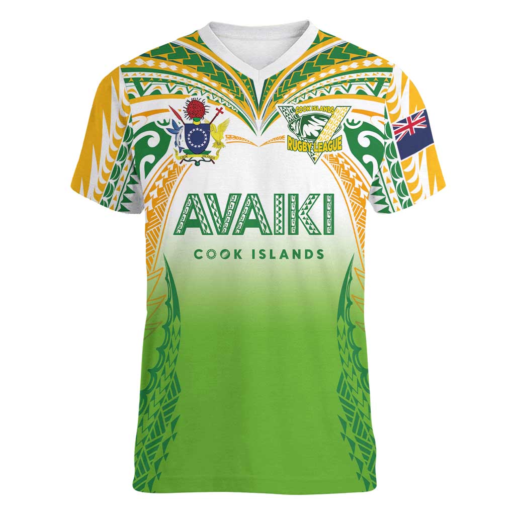 Custom Cook Islands Rugby League Women V-Neck T-Shirt Avaiki Tatau Tribal Motifs White Color - Aussie Hoodie