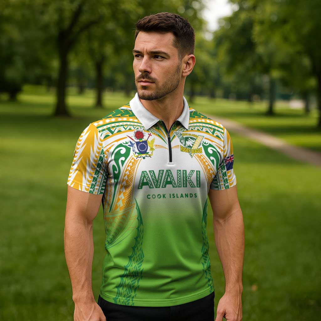 Custom Cook Islands Rugby League Zipper Polo Shirt Avaiki Tatau Tribal Motifs White Color LT03