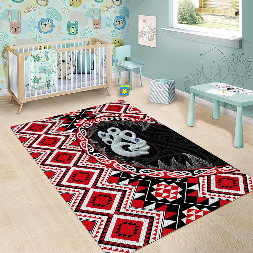 Red Taniko Motif Aotearoa Manaia and Silver Fern Area Rug