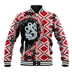 Red Taniko Motif Aotearoa Manaia and Silver Fern Baseball Jacket
