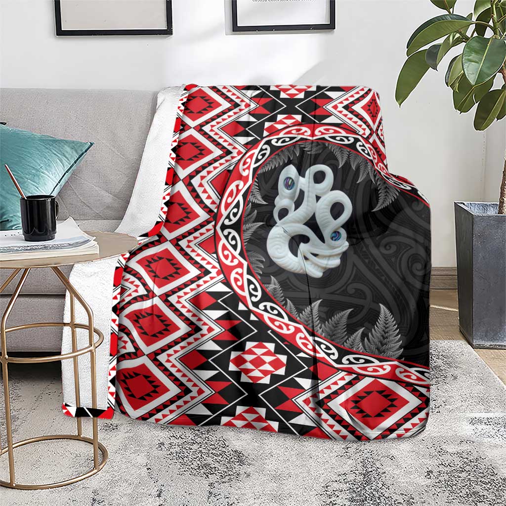 Red Taniko Motif Aotearoa Manaia and Silver Fern Blanket