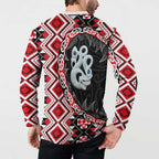Red Taniko Motif Aotearoa Manaia and Silver Fern Button Sweatshirt