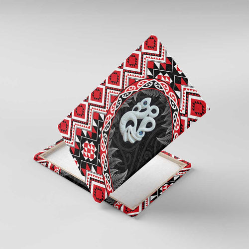 Red Taniko Motif Aotearoa Manaia and Silver Fern Canvas Wall Art