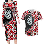 Red Taniko Motif Aotearoa Manaia and Silver Fern Couples Matching Long Sleeve Bodycon Dress and Hawaiian Shirt
